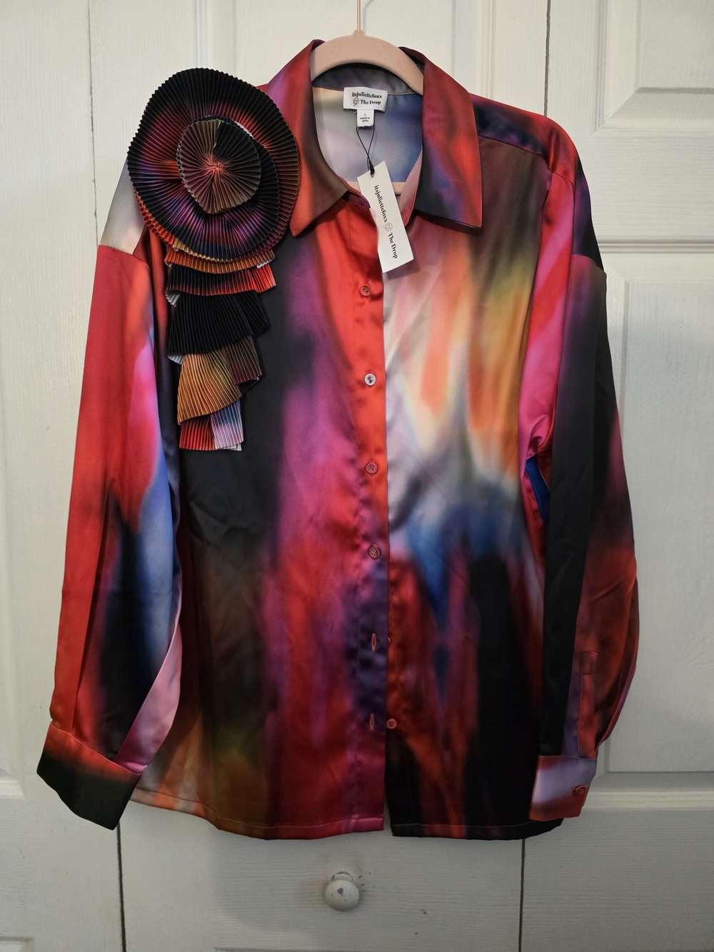 Abstract Multicolor Silk Button-Up Shirt with Rosette Accent